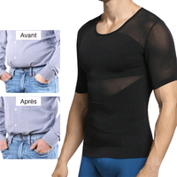 Tee-shirt amincissant homme noir avant et après pour un effet gainant rapide et confiance retrouvée.