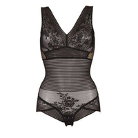 Body gainant noir avec dentelle et rayures, élégant et sexy, parfait pour la lingerie minceur.