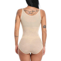 Body minceur en dentelle beige, lingerie gainante confortable pour un ventre plat et un look élégant.