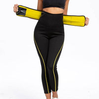Legging de sudation amincissant taille haute en néoprène noir avec détails jaunes, idéal pour le sport et le fitness.