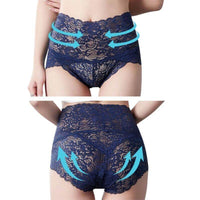Culotte modelante en dentelle taille haute couleur marine, offrant confort et maintien pour une silhouette élégante.