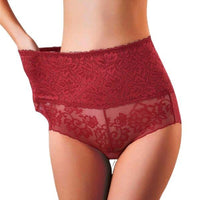 Culotte taille haute en dentelle rouge transparente, idéale pour un ventre plat et sexy.