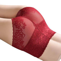 Culotte transparente taille haute en dentelle rouge, sexy et confortable, pour un ventre plat et un look élégant.
