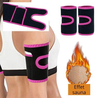 Brassards de sudation amincissants pour femme, couleur noir et rose, effet sauna activé lors de l'exercice.
