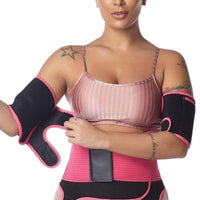 Brassards de sudation amincissants noirs et roses pour femme, idéals pour le fitness et l'exercice.