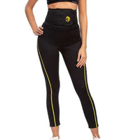 Legging de sudation noir avec bande jaune, idéal pour maximiser les efforts minceur et le confort durant l'entraînement.