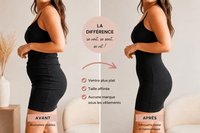 Comparaison avant/après : bourrelets visibles sous une robe noire moulante, puis silhouette lissée grâce à une gaine