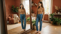 Femme se regardant dans un miroir, portant un pull moulant camel et un jean, intérieur automnal