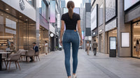 Femme de dos en jean moulant taille haute dans une rue, silhouette galbée